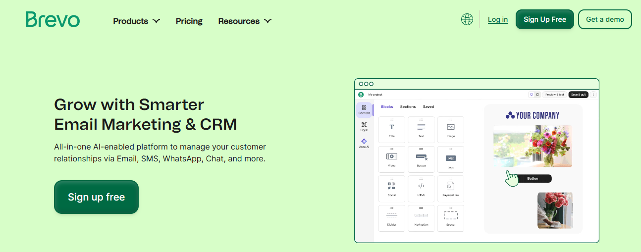 Brevo platform showing email campaign builder and multi-channel marketing features